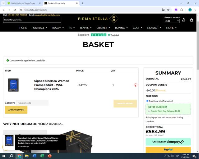 Firma Stella checkout page showing Firma Stella discount code box | Screenshot taken by SimplyCodes community member on Sep 25, 2024