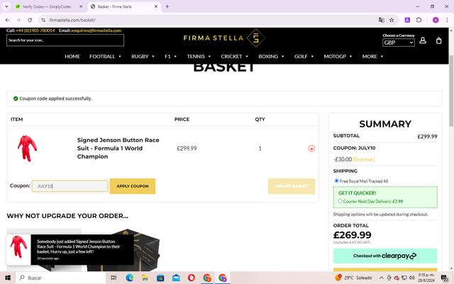 Firma Stella checkout page showing Firma Stella discount code box | Screenshot taken by SimplyCodes community member on Aug 28, 2024
