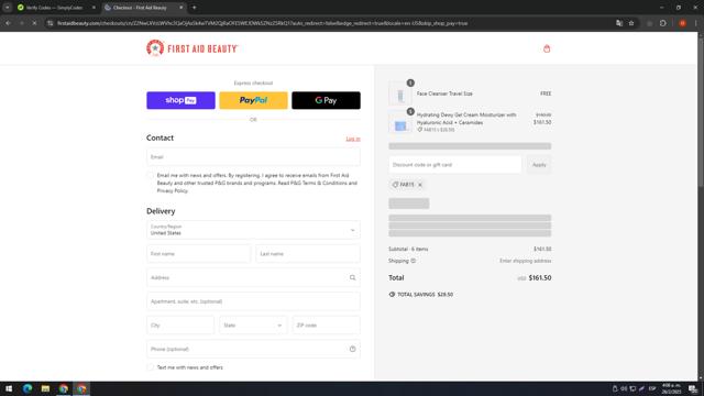 First Aid Beauty checkout page showing First Aid Beauty promo code box | Screenshot taken by SimplyCodes community member on Feb 26, 2025