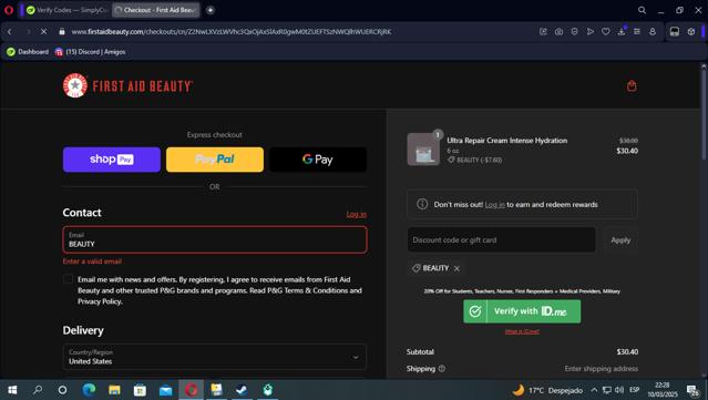 First Aid Beauty checkout page showing First Aid Beauty promo code box | Screenshot taken by SimplyCodes community member on Mar 11, 2025