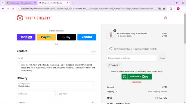 First Aid Beauty checkout page showing First Aid Beauty promo code box | Screenshot taken by SimplyCodes community member on Mar 1, 2025