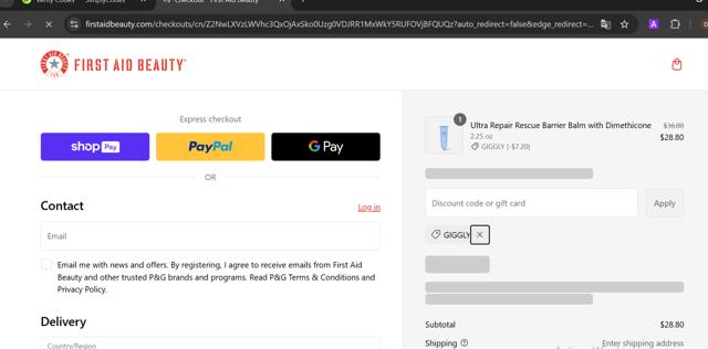 First Aid Beauty checkout page showing First Aid Beauty promo code box | Screenshot taken by SimplyCodes community member on Feb 11, 2025