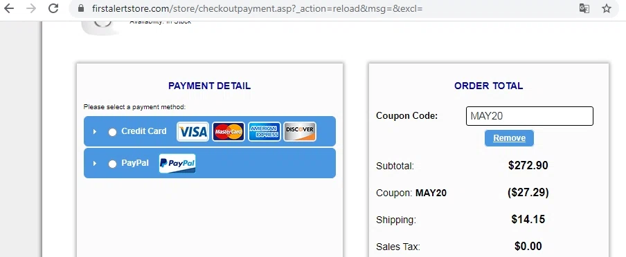 First Alert checkout page showing First Alert promo code box | Screenshot taken by SimplyCodes community member on Jun 2, 2020