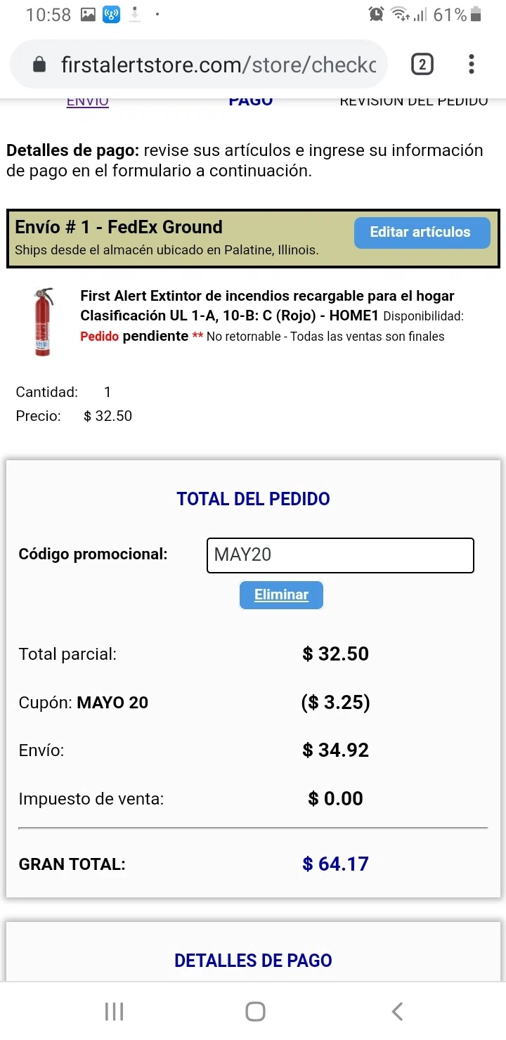 First Alert checkout page showing First Alert promo code box | Screenshot taken by SimplyCodes community member on May 19, 2020