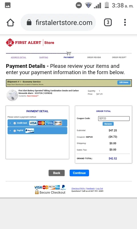First Alert checkout page showing First Alert promo code box | Screenshot taken by SimplyCodes community member on Sep 1, 2020