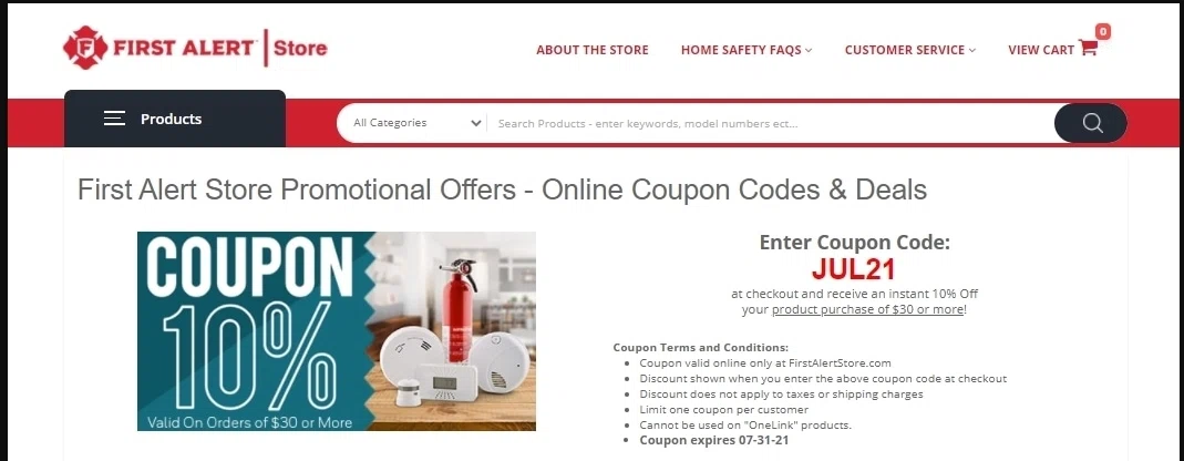 First Alert checkout page showing First Alert promo code box | Screenshot taken by SimplyCodes community member on Aug 8, 2021