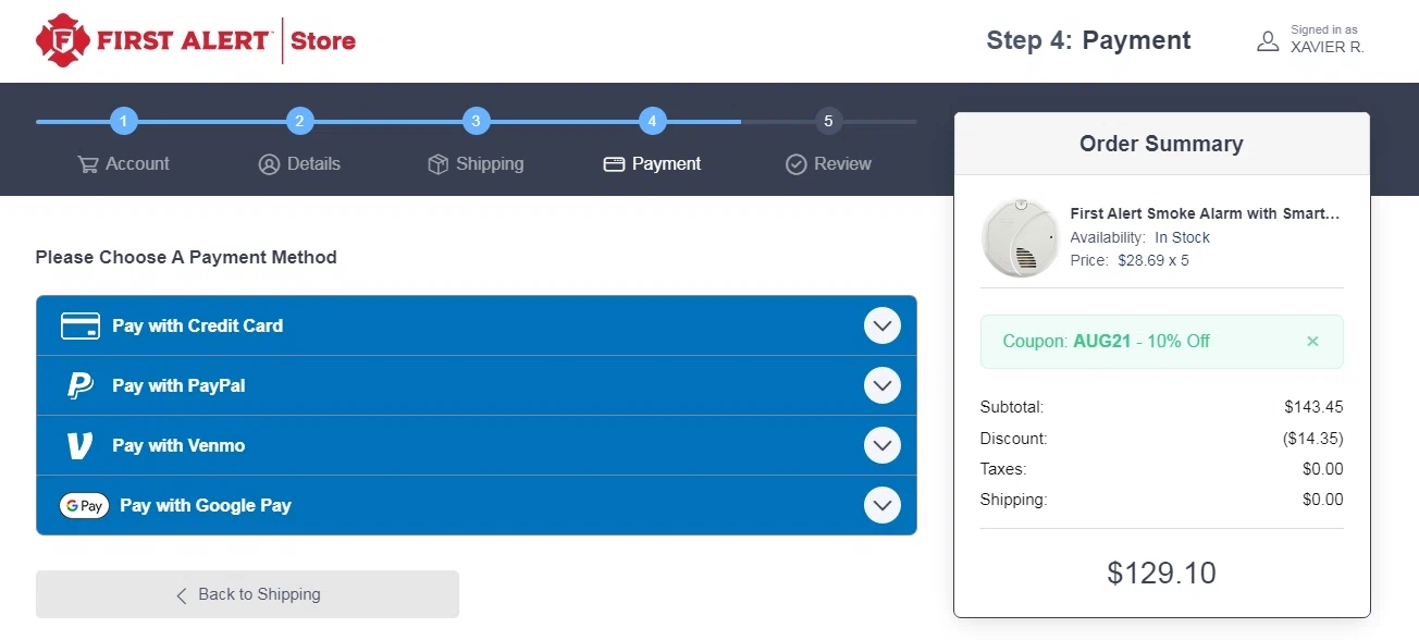First Alert checkout page showing First Alert promo code box | Screenshot taken by SimplyCodes community member on Jul 31, 2021