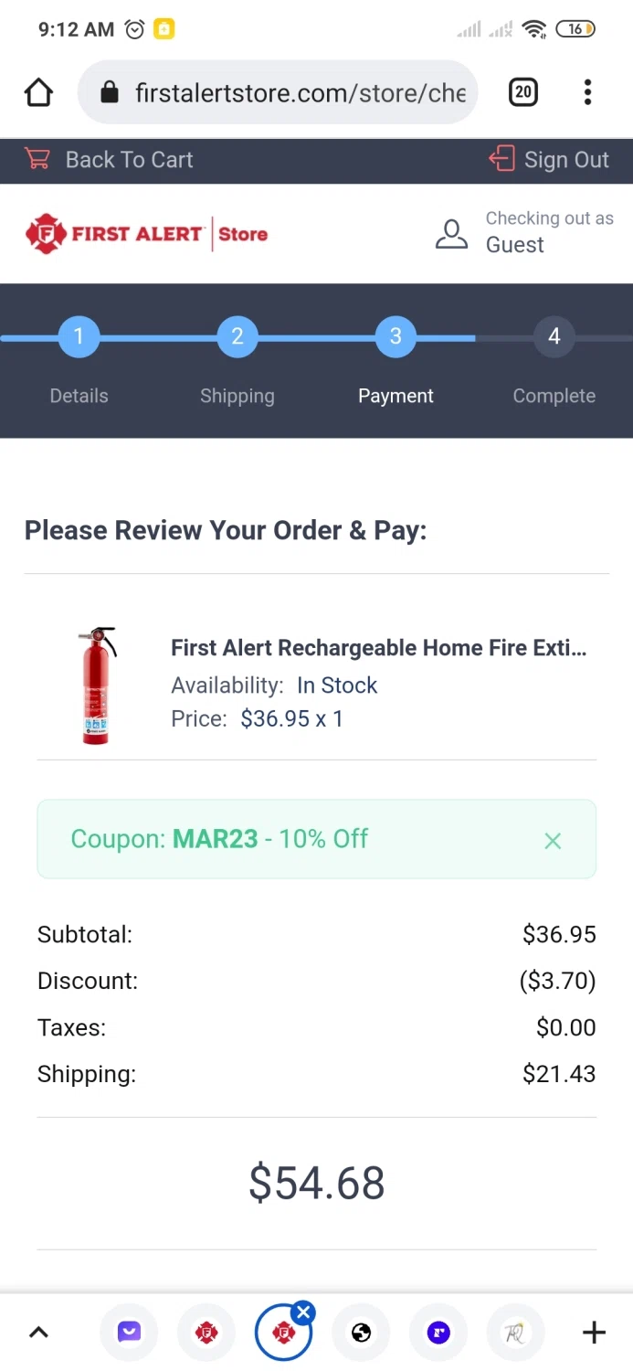 First Alert checkout page showing First Alert promo code box | Screenshot taken by SimplyCodes community member on Mar 30, 2023