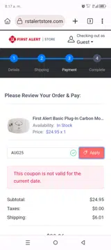 AUG25 coupon verification screenshot