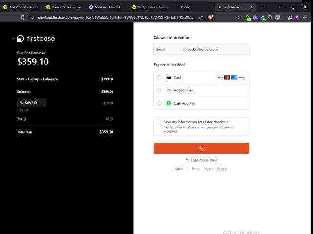 Firstbase.io, Inc. checkout page showing Firstbase.io, Inc. promo code box | Screenshot taken by SimplyCodes community member on Jul 19, 2025