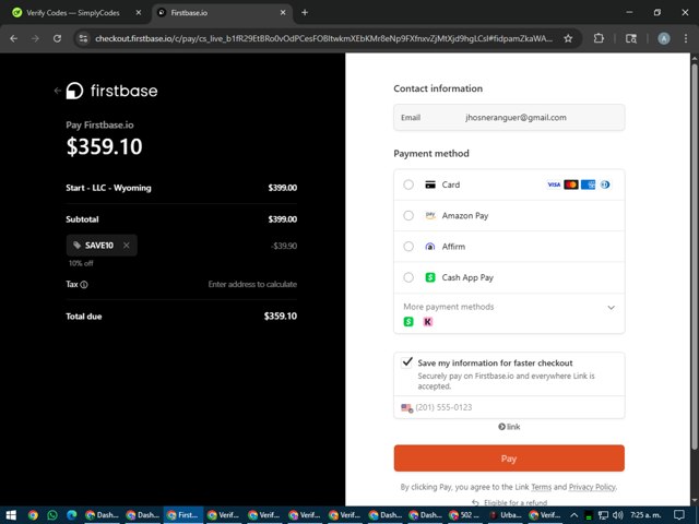 Firstbase.io, Inc. checkout page showing Firstbase.io, Inc. promo code box | Screenshot taken by SimplyCodes community member on Jul 28, 2025