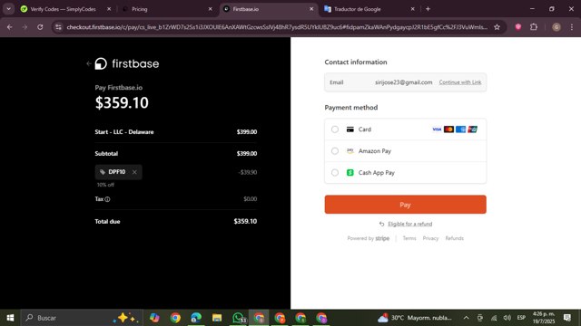 Firstbase.io, Inc. checkout page showing Firstbase.io, Inc. promo code box | Screenshot taken by SimplyCodes community member on Jul 19, 2025