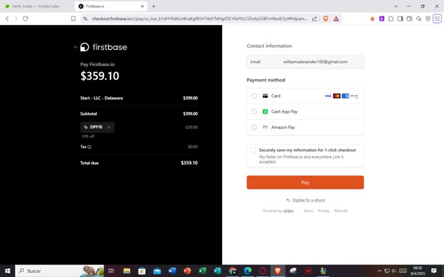 Firstbase.io, Inc. checkout page showing Firstbase.io, Inc. promo code box | Screenshot taken by SimplyCodes community member on Apr 8, 2025
