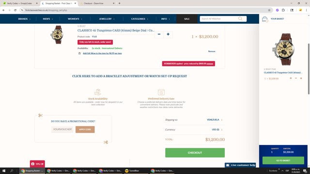 First Class Watches checkout page showing First Class Watches promo code box | Screenshot taken by SimplyCodes community member on Aug 31, 2025