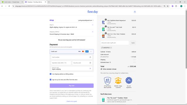 First Day checkout page showing First Day coupon code box | Screenshot taken by SimplyCodes community member on Sep 10, 2025