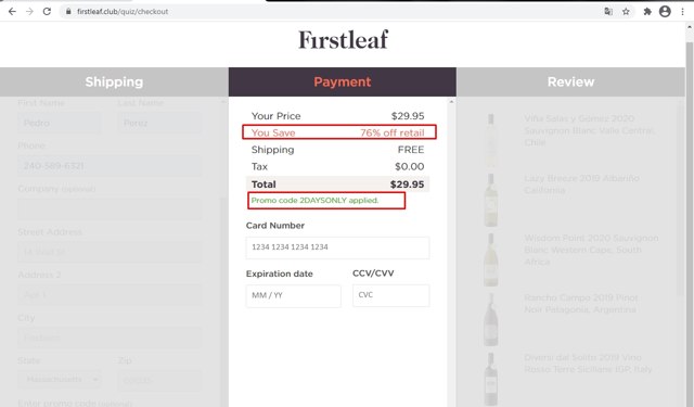 Firstleaf checkout page showing Firstleaf promo code box | Screenshot taken by SimplyCodes community member on Feb 26, 2021
