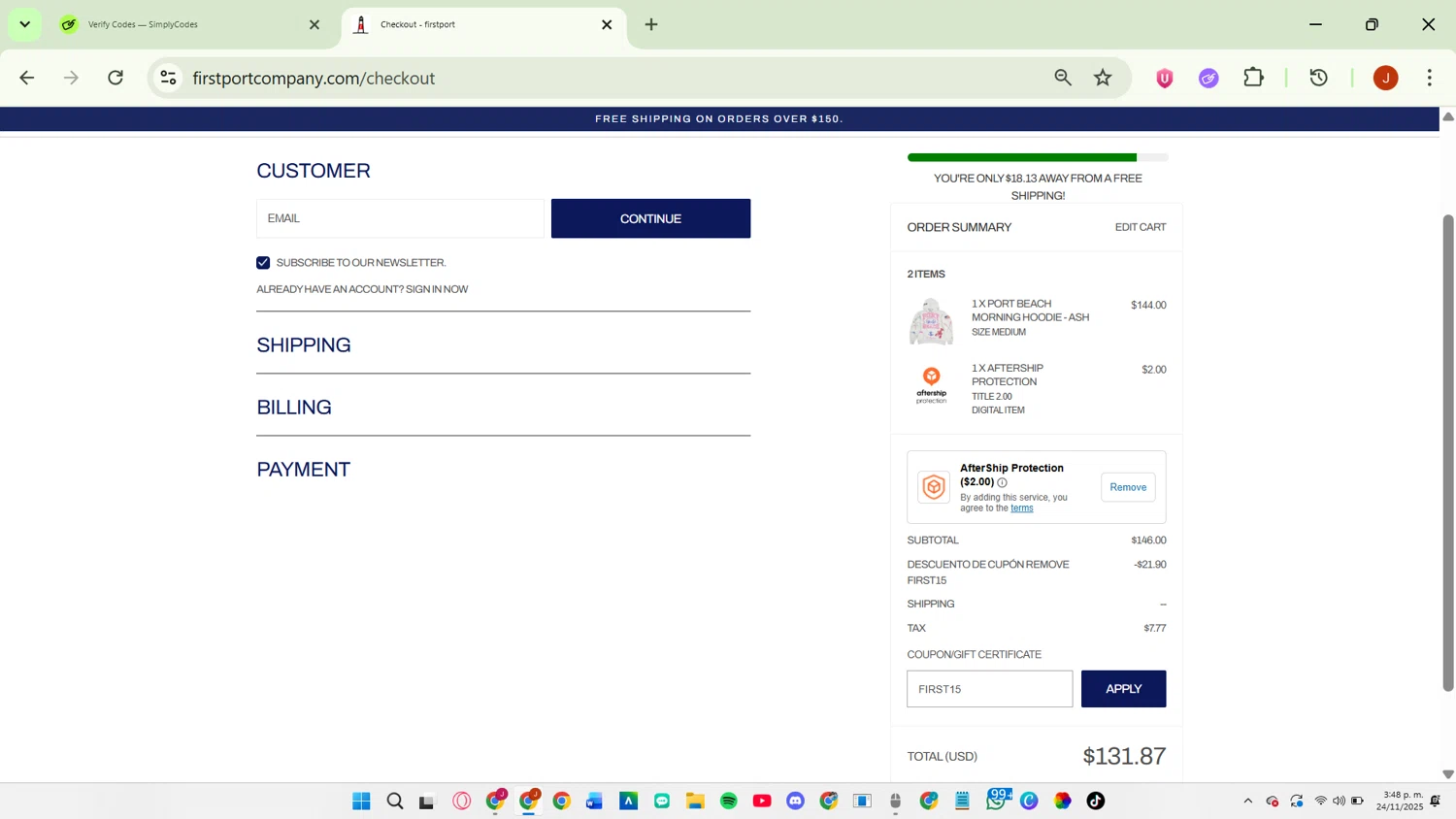 Firstport Company promo code screenshot showing code FIRST15 applied at Firstport Company checkout page. Uploaded by SimplyCodes community member JoseT_ on Nov 24, 2025