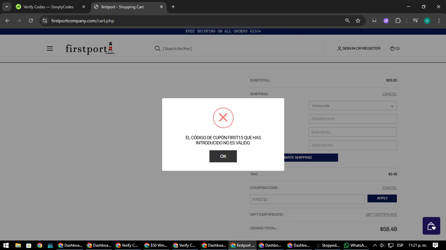Firstport Company promo code screenshot showing code FIRST15 applied at Firstport Company checkout page. Uploaded by SimplyCodes community member LuckyDefender9428 on Aug 11, 2025