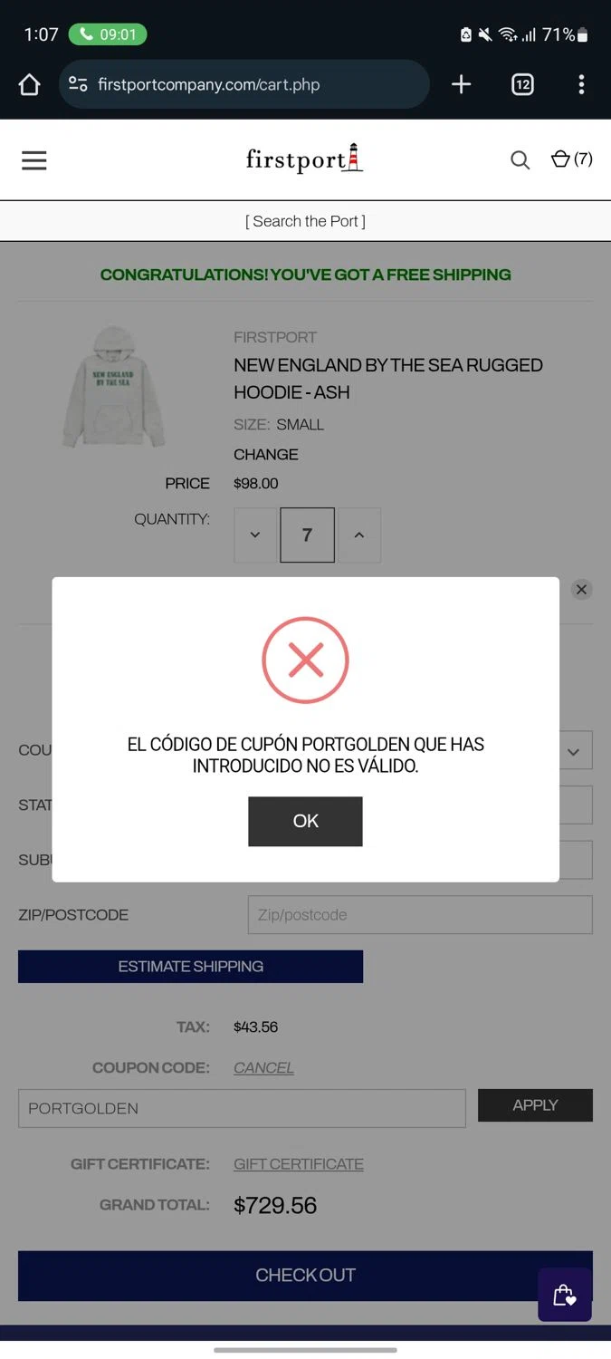 Firstport Company promo code screenshot showing code PORTGOLDEN applied at Firstport Company checkout page. Uploaded by SimplyCodes community member MangoFC on May 26, 2025