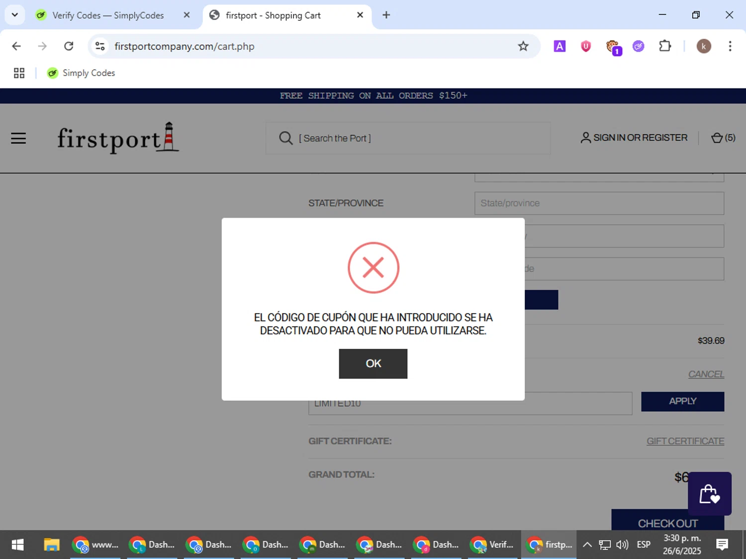 Firstport Company promo code screenshot showing code LIMITED10 applied at Firstport Company checkout page. Uploaded by SimplyCodes community member RewardRanger298 on Jun 26, 2025