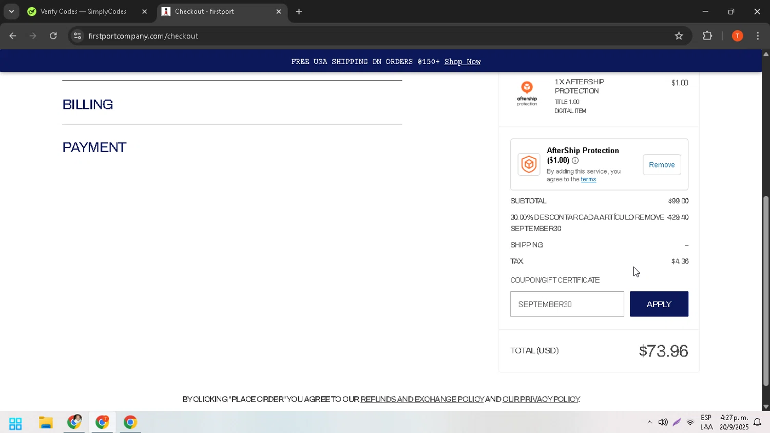 Firstport Company promo code screenshot showing code SEPTEMBER30 applied at Firstport Company checkout page. Uploaded by SimplyCodes community member HHHHHHH on Sep 20, 2025