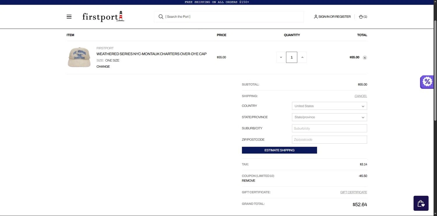 Firstport Company promo code screenshot showing code LIMITED10 applied at Firstport Company checkout page. Uploaded by SimplyCodes community member Depressive on Jul 3, 2025