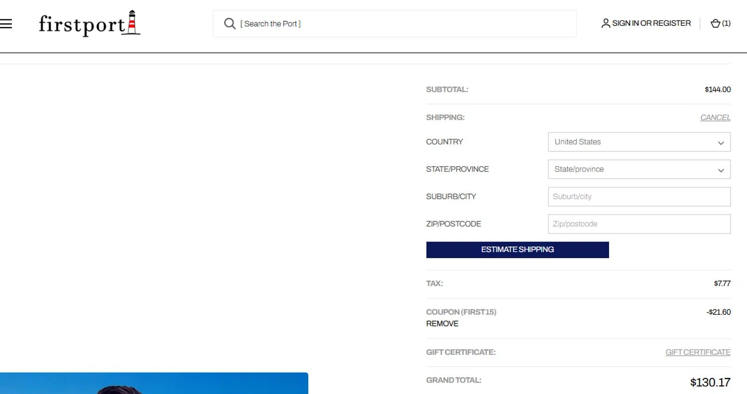 Firstport Company promo code screenshot showing code FIRST15 applied at Firstport Company checkout page. Uploaded by SimplyCodes community member ricardoramirez1 on Sep 12, 2025