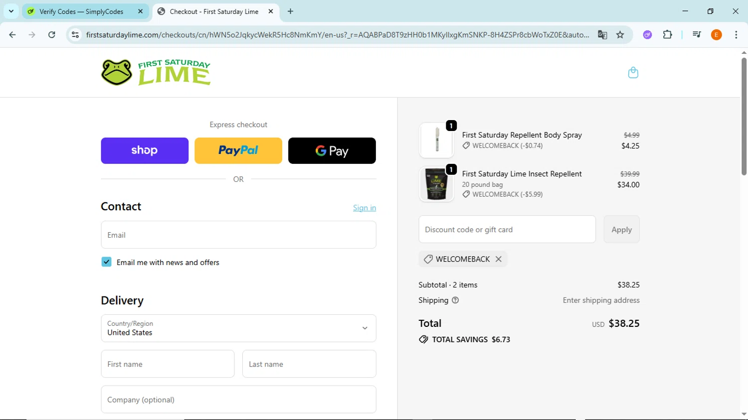 First Saturday Lime discount code screenshot showing code WELCOMEBACK applied at First Saturday Lime checkout page. Uploaded by SimplyCodes community member BudgetFox5491 on Nov 28, 2025