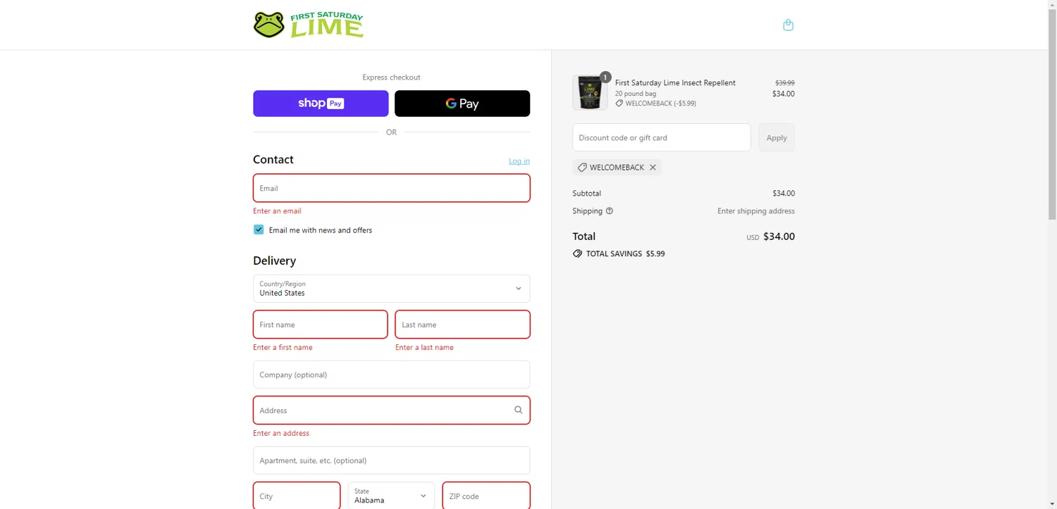 First Saturday Lime discount code screenshot showing code WELCOMEBACK applied at First Saturday Lime checkout page. Uploaded by SimplyCodes community member RewardTitan728 on Jul 22, 2025