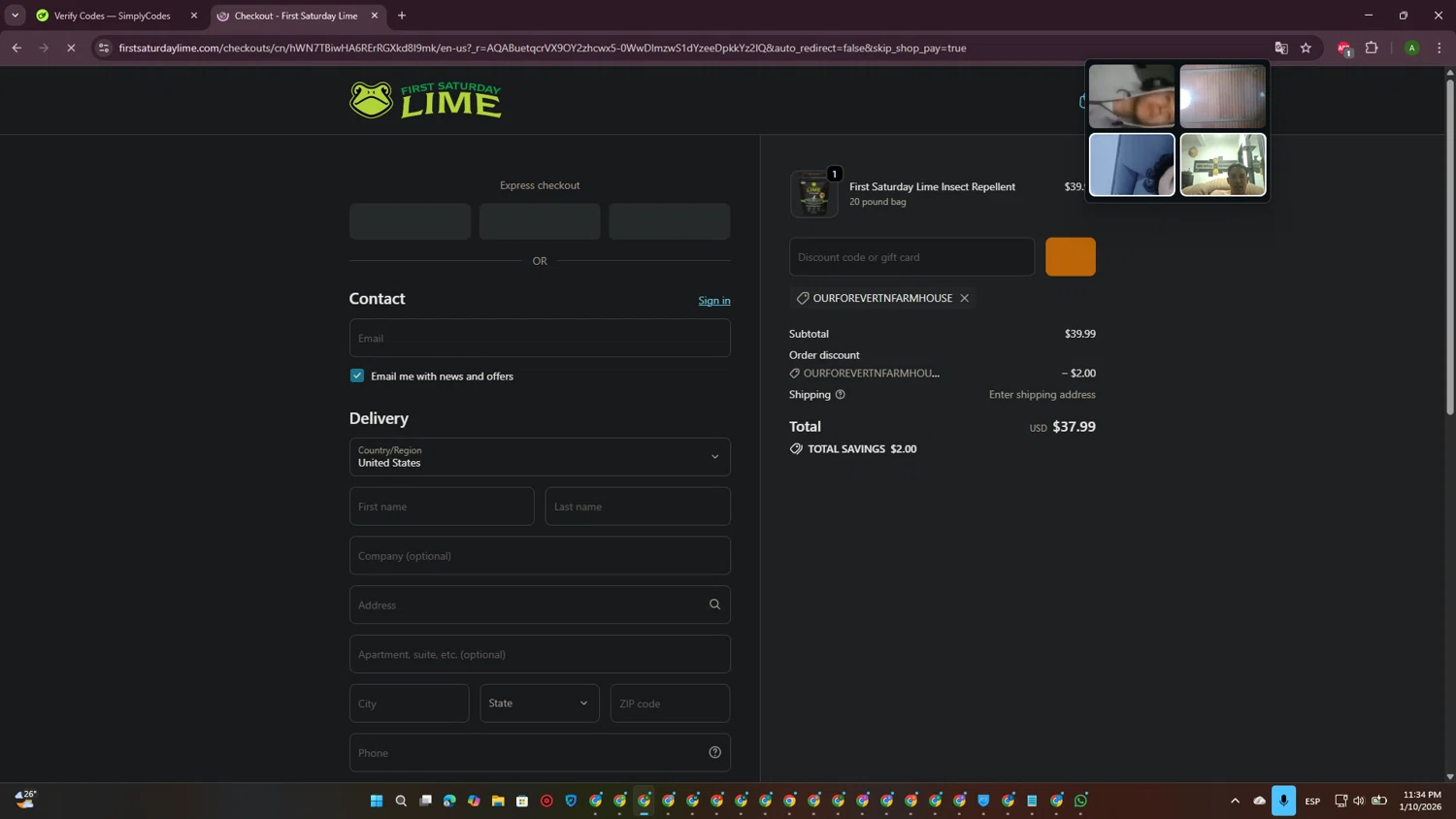 First Saturday Lime checkout page showing First Saturday Lime discount code box | Screenshot taken by SimplyCodes community member on Jan 11, 2026