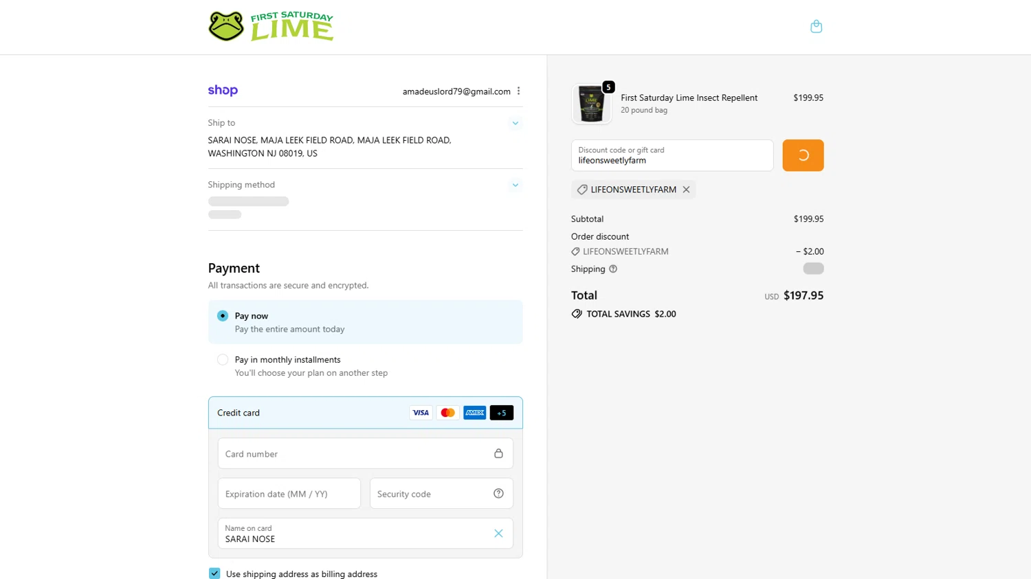 First Saturday Lime discount code screenshot showing code lifeonsweetlyfarm applied at First Saturday Lime checkout page. Uploaded by SimplyCodes community member Ricacocaina on Dec 3, 2025