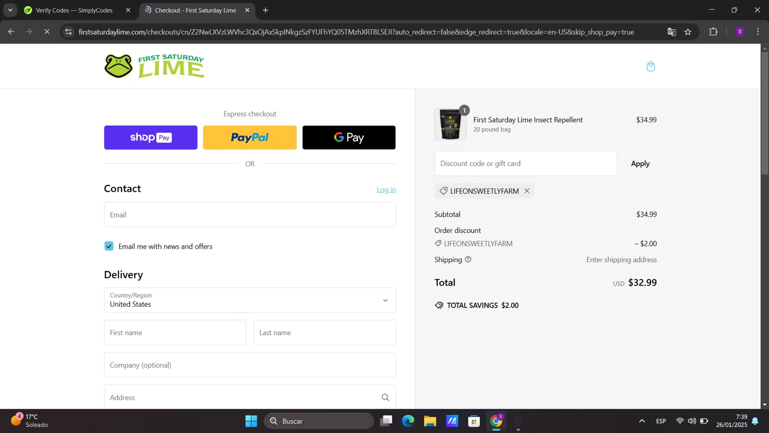 First Saturday Lime discount code screenshot showing code lifeonsweetlyfarm applied at First Saturday Lime checkout page. Uploaded by SimplyCodes community member sorialbam on Jan 26, 2025