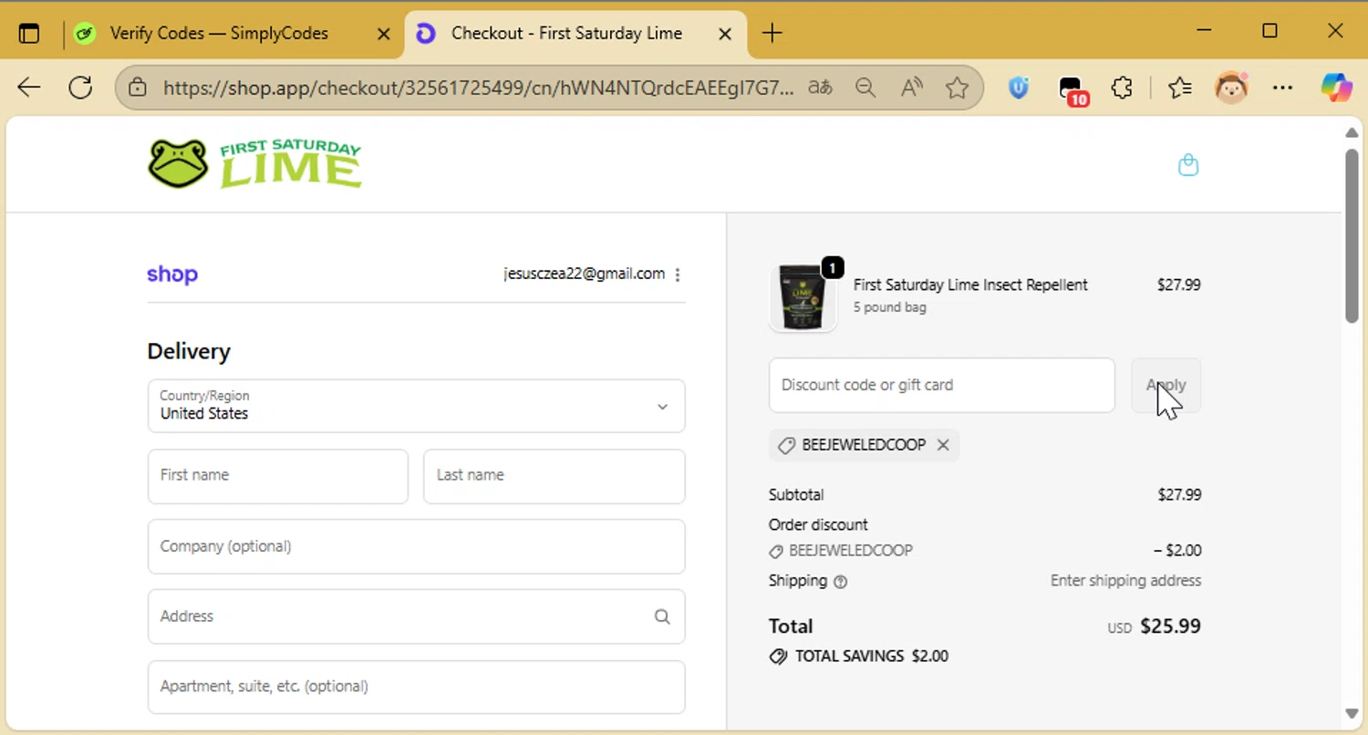 First Saturday Lime discount code screenshot showing code Beejeweledcoop applied at First Saturday Lime checkout page. Uploaded by SimplyCodes community member CleverAce742 on Oct 21, 2025