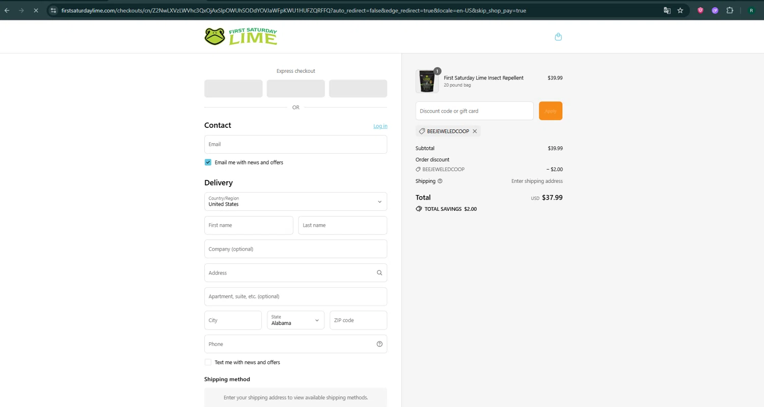 First Saturday Lime discount code screenshot showing code Beejeweledcoop applied at First Saturday Lime checkout page. Uploaded by SimplyCodes community member SavvyHawk5598 on Jul 8, 2025