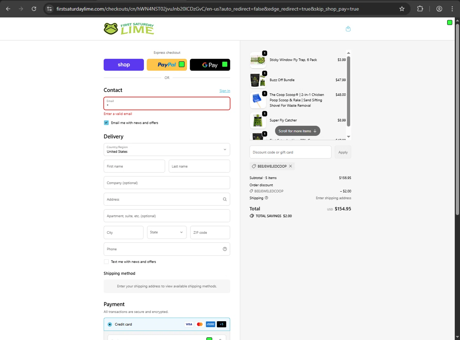 First Saturday Lime discount code screenshot showing code Beejeweledcoop applied at First Saturday Lime checkout page. Uploaded by SimplyCodes community member luffyreturn on Oct 21, 2025