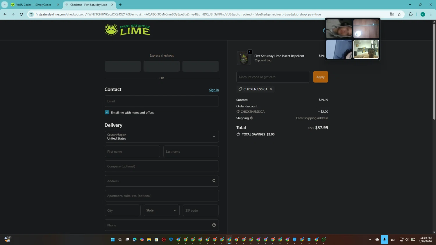 First Saturday Lime checkout page showing First Saturday Lime discount code box | Screenshot taken by SimplyCodes community member on Jan 11, 2026