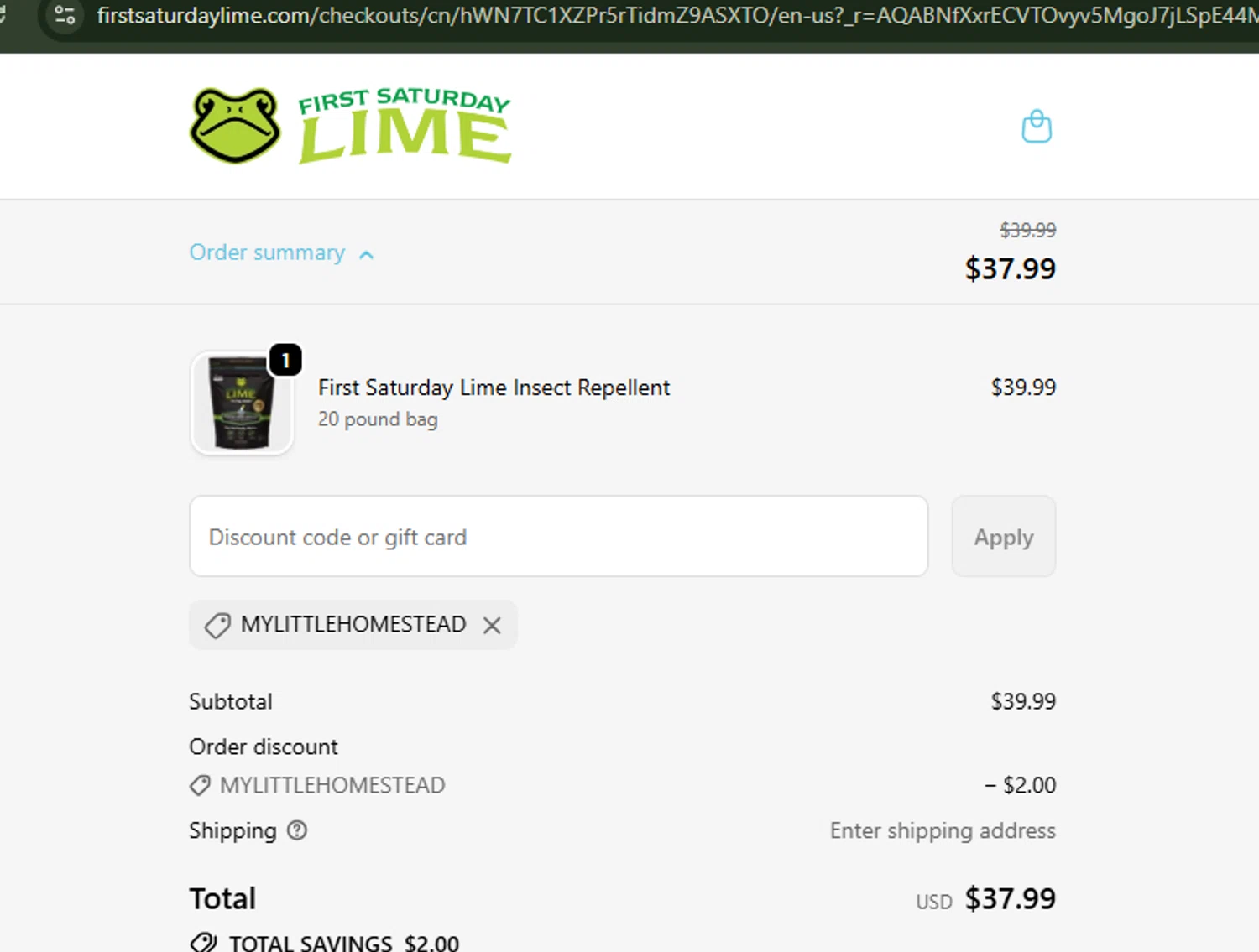 First Saturday Lime checkout page showing First Saturday Lime discount code box | Screenshot taken by SimplyCodes community member on Jan 11, 2026
