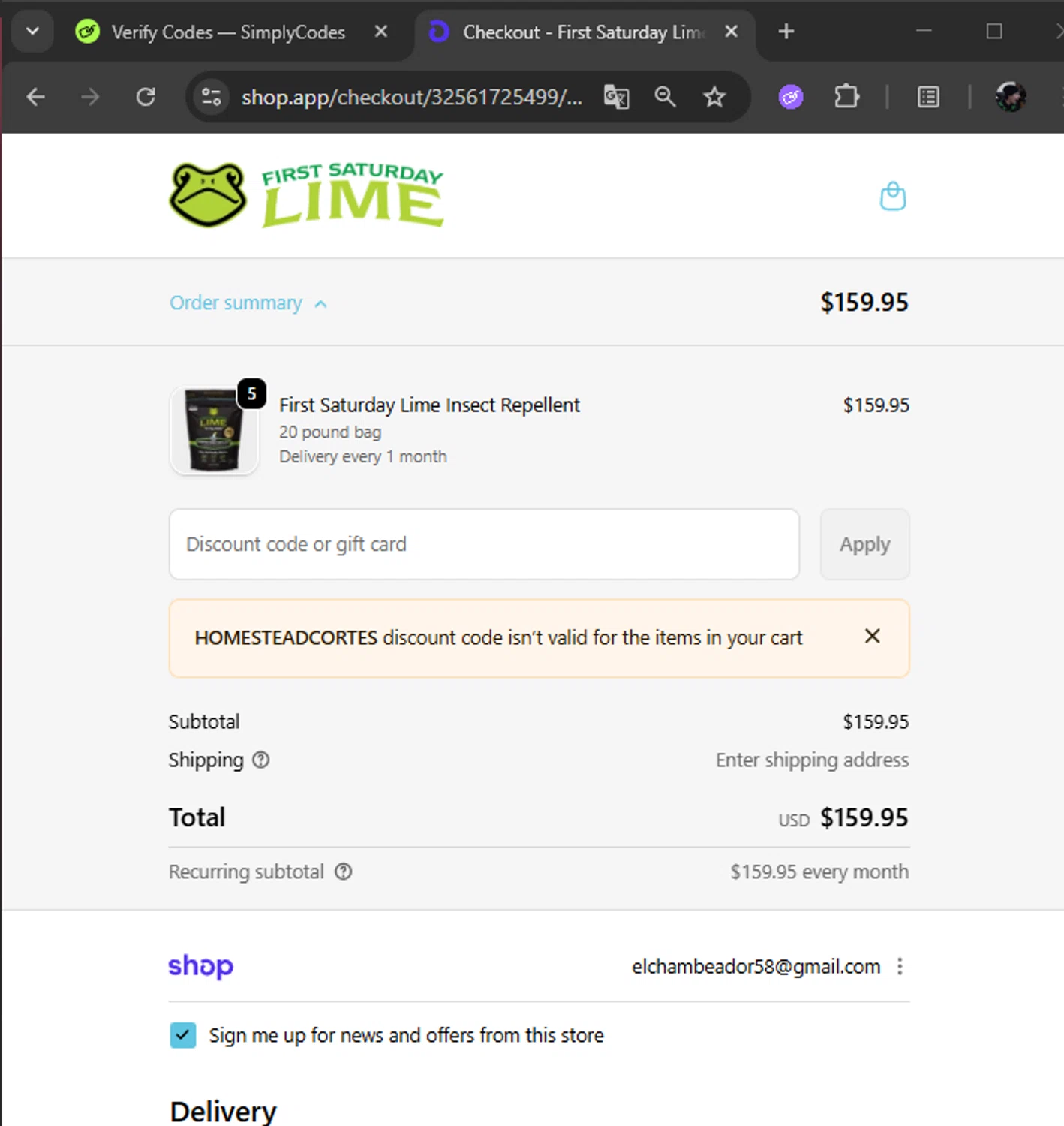 First Saturday Lime checkout page showing First Saturday Lime discount code box | Screenshot taken by SimplyCodes community member on Jan 11, 2026