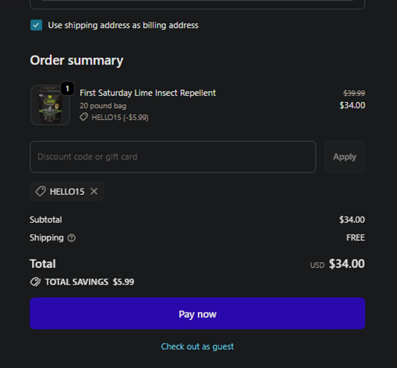 First Saturday Lime discount code screenshot showing code HELLO15 applied at First Saturday Lime checkout page. Uploaded by SimplyCodes community member PedroNavaja on Nov 28, 2025