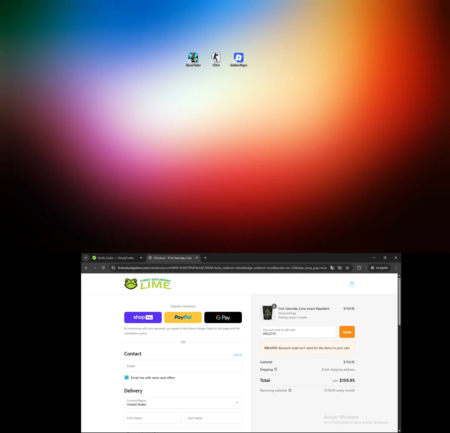 First Saturday Lime discount code screenshot showing code HELLO15 applied at First Saturday Lime checkout page. Uploaded by SimplyCodes community member SAIKOO on Jul 26, 2025