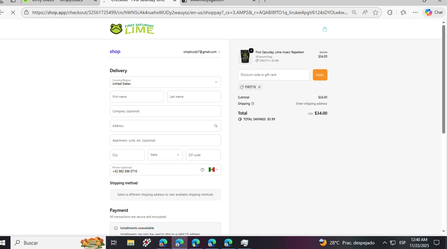 First Saturday Lime discount code screenshot showing code First15 applied at First Saturday Lime checkout page. Uploaded by SimplyCodes community member PromoPioneer5927 on Nov 23, 2025