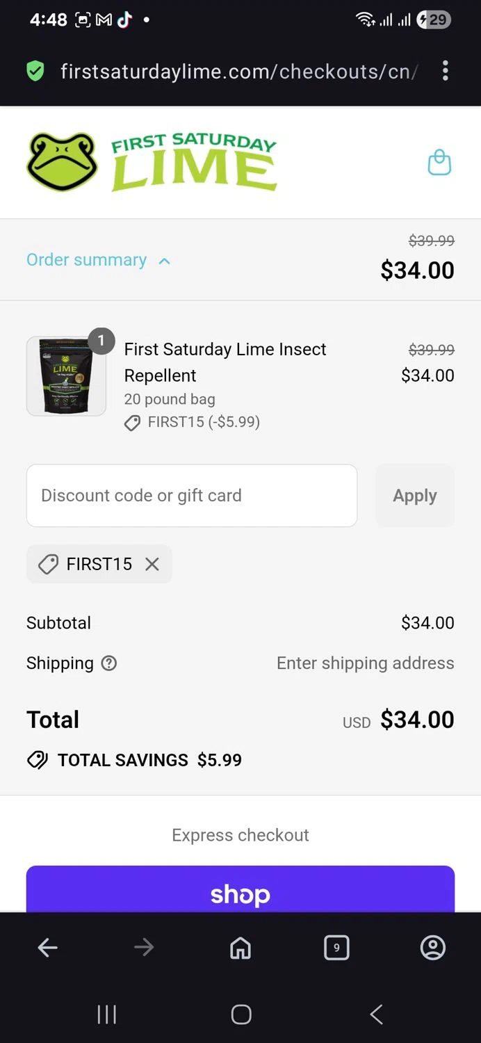 First Saturday Lime discount code screenshot showing code First15 applied at First Saturday Lime checkout page. Uploaded by SimplyCodes community member vida5254427716958 on Sep 2, 2025