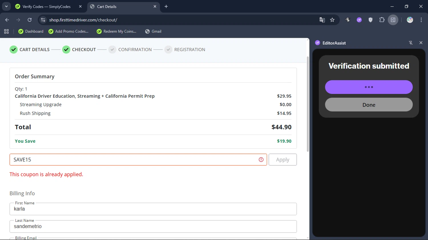 First Time Driver promo code screenshot showing code SAVE15 applied at First Time Driver checkout page. Uploaded by SimplyCodes community member TRUMPMIPADRE on Nov 1, 2025