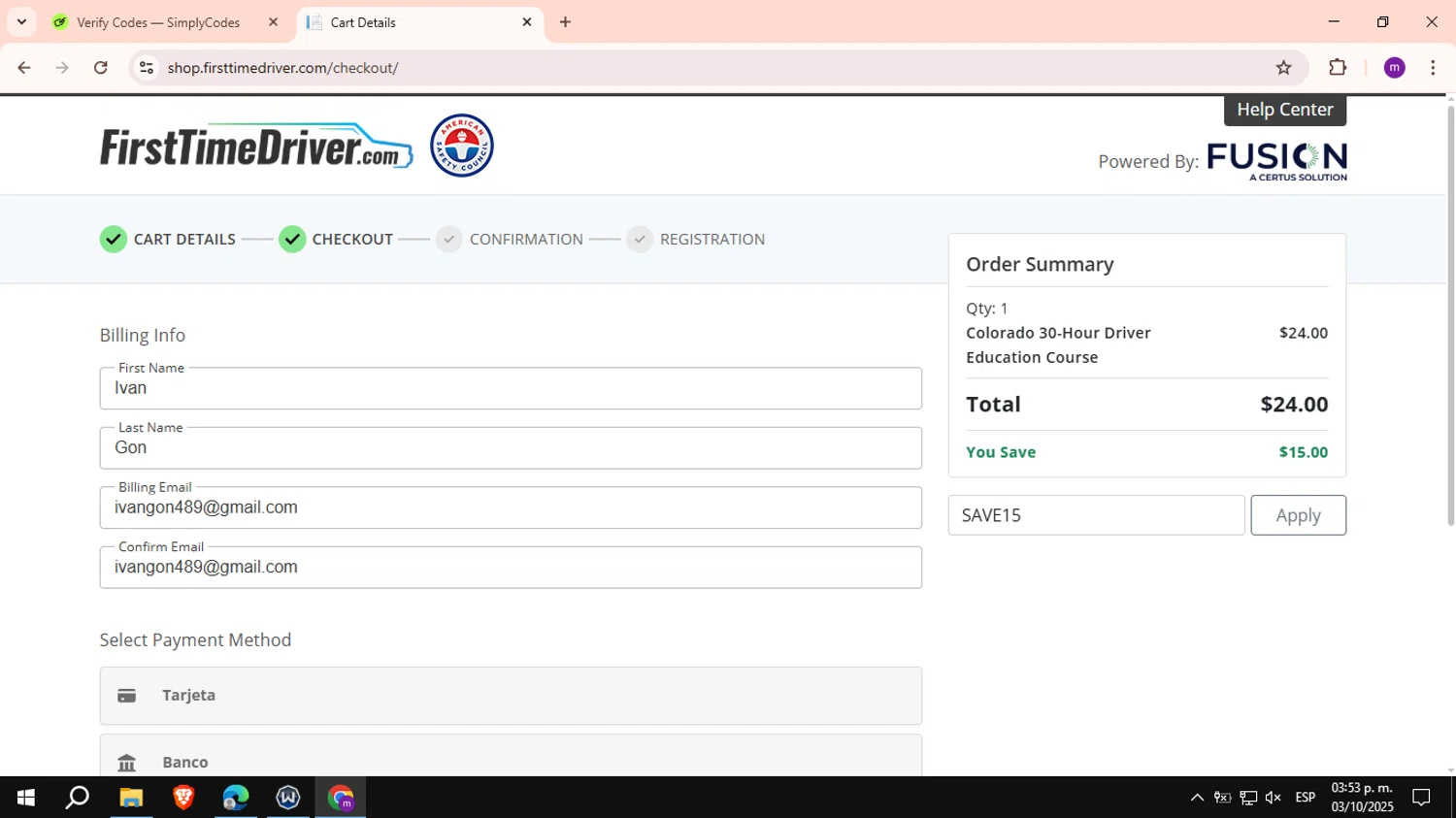 First Time Driver checkout page showing First Time Driver promo code box | Screenshot taken by SimplyCodes community member on Oct 3, 2025