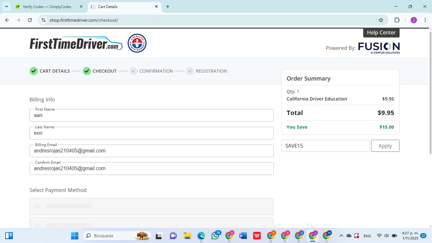First Time Driver promo code screenshot showing code SAVE15 applied at First Time Driver checkout page. Uploaded by SimplyCodes community member christophersierra on Nov 1, 2025