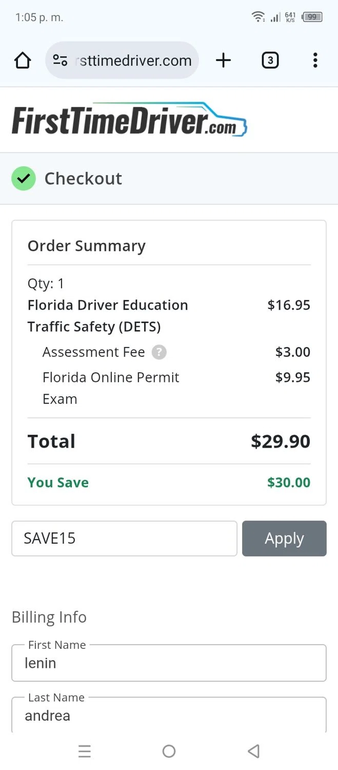 First Time Driver checkout page showing First Time Driver promo code box | Screenshot taken by SimplyCodes community member on Aug 6, 2025