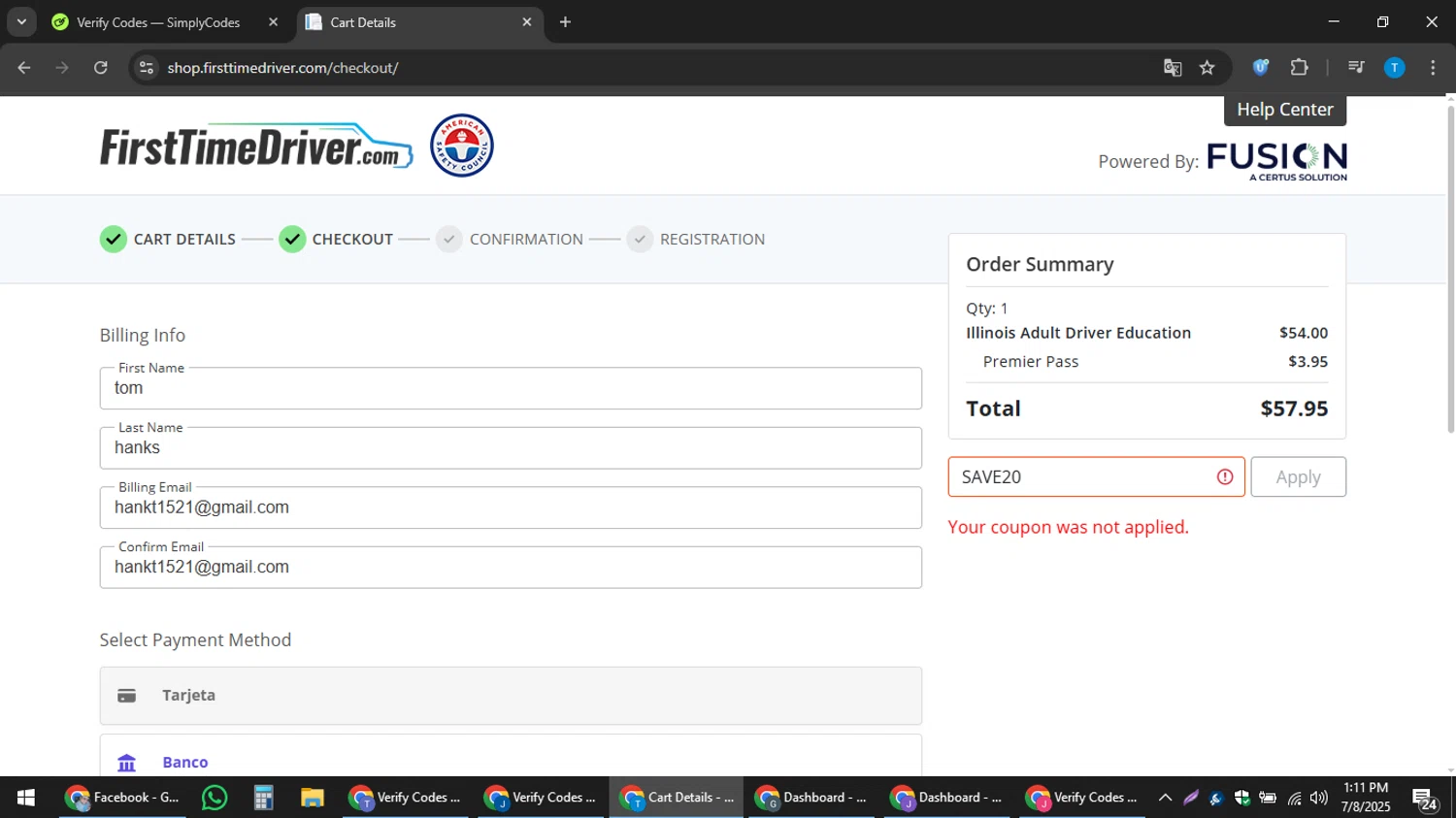 First Time Driver promo code screenshot showing code save20 applied at First Time Driver checkout page. Uploaded by SimplyCodes community member hankt1521 on Jul 8, 2025