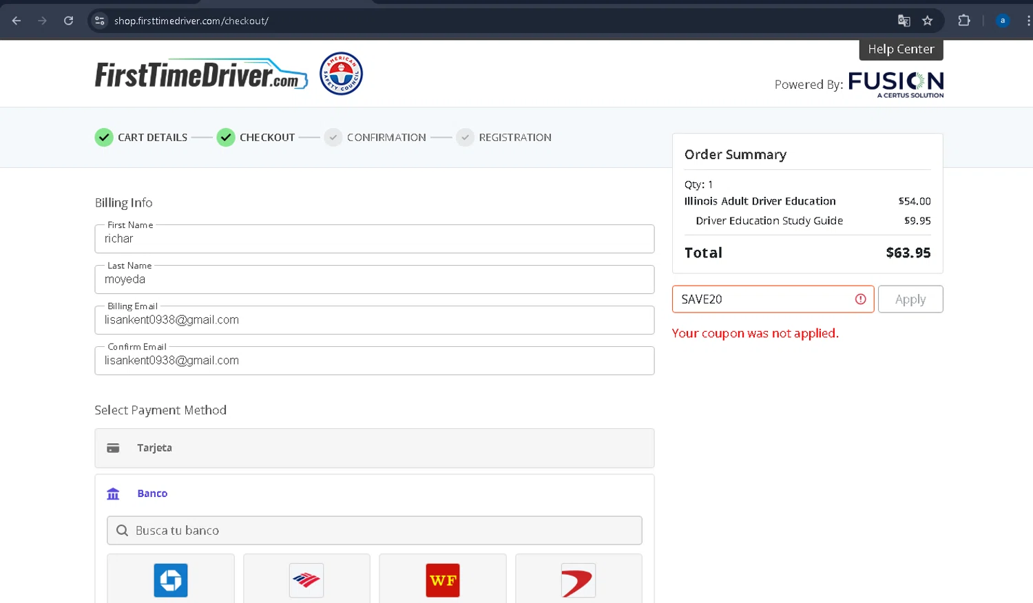 First Time Driver promo code screenshot showing code save20 applied at First Time Driver checkout page. Uploaded by SimplyCodes community member yuss007 on Jul 8, 2025