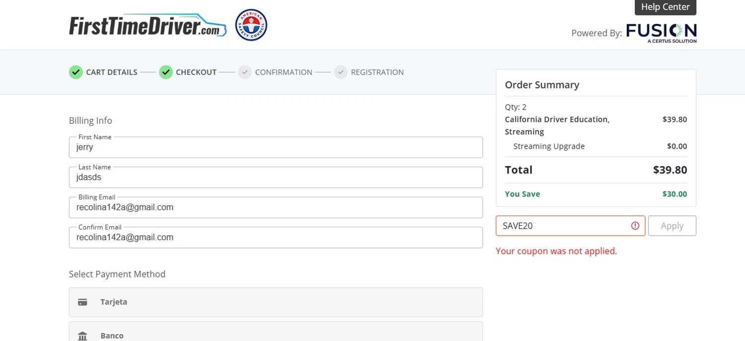 First Time Driver promo code screenshot showing code save20 applied at First Time Driver checkout page. Uploaded by SimplyCodes community member ashe1986 on Jul 8, 2025