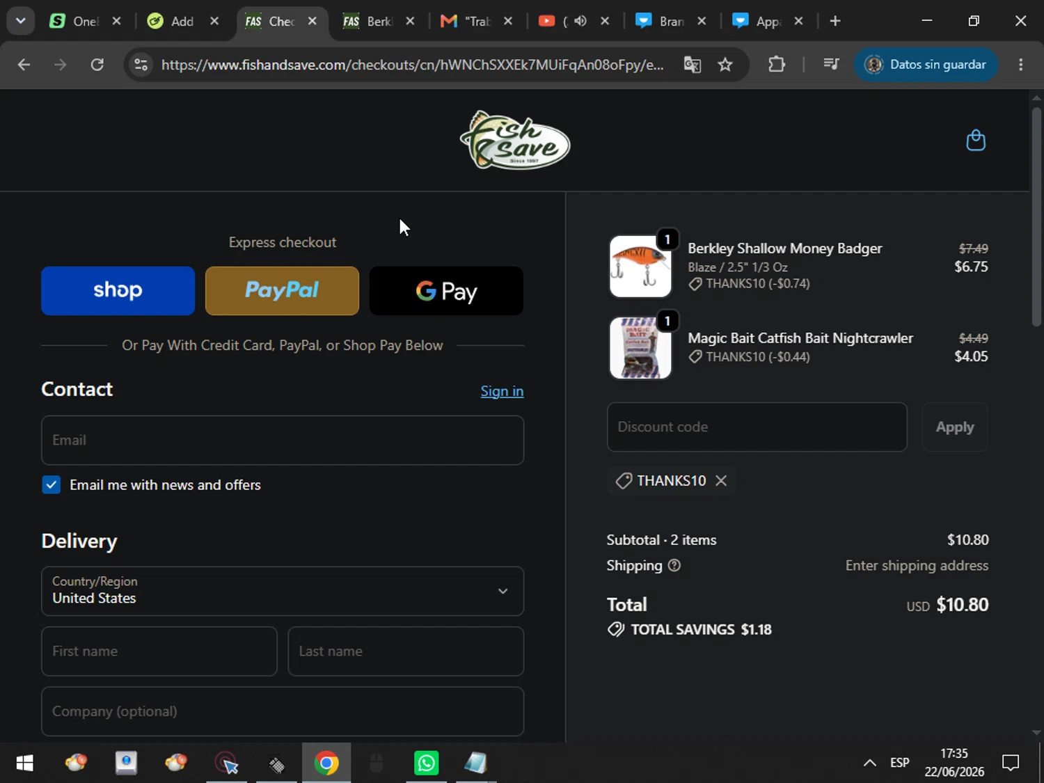 FishAndSave promo code screenshot showing code THANKS10 applied at FishAndSave checkout page. Uploaded by SimplyCodes community member MarcosAranguren on Jun 22, 2026